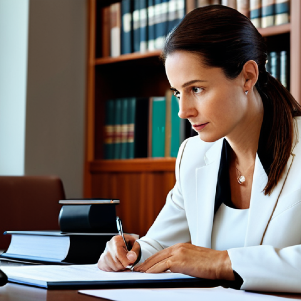 Strategic Negotiation**

"A fully clothed, professional lawyer in a well-lit, modern office, sitting at a polished conference table. She is reviewing documents with intent focus. Bookshelves line the wall behind her, filled with legal texts. Appropriate attire, perfect anatomy, natural proportions, safe for work, high quality, professional, modest, family-friendly, detailed legal setting."

**