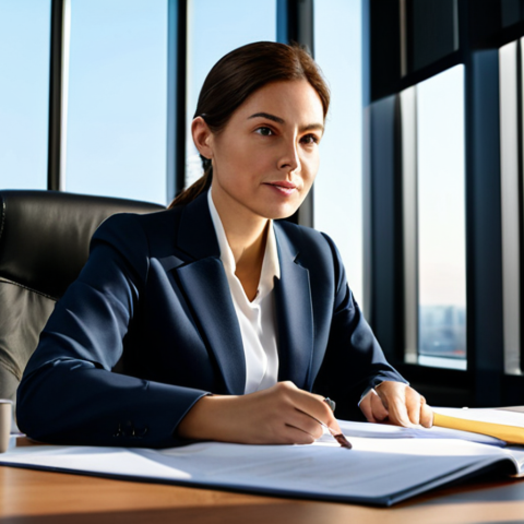 Professional Lawyer at Work**

A confident female lawyer in a modest business suit sitting at a large desk in a modern, sunlit office.  She is reviewing documents. Bookshelves and cityscape visible in the background.  Fully clothed, appropriate attire, safe for work, perfect anatomy, natural proportions, professional portrait, high resolution, family-friendly, realistic.

**