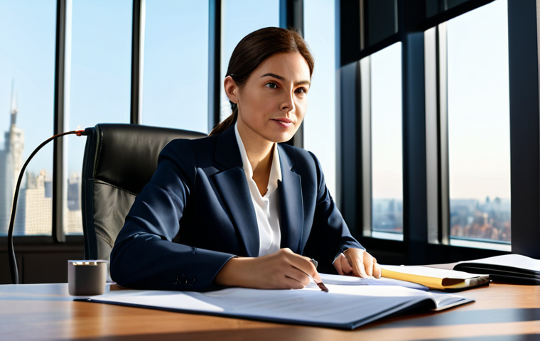 Professional Lawyer at Work**

A confident female lawyer in a modest business suit sitting at a large desk in a modern, sunlit office.  She is reviewing documents. Bookshelves and cityscape visible in the background.  Fully clothed, appropriate attire, safe for work, perfect anatomy, natural proportions, professional portrait, high resolution, family-friendly, realistic.

**