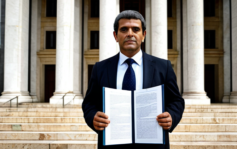 Constitutional Law Professional**

"A professional lawyer in a modest, dark business suit, standing confidently in front of the Brazilian Supreme Federal Court (STF), holding a copy of the Constituição Federal, fully clothed, appropriate attire, safe for work, perfect anatomy, natural proportions, professional portrait, serious expression, high quality, family-friendly."

**