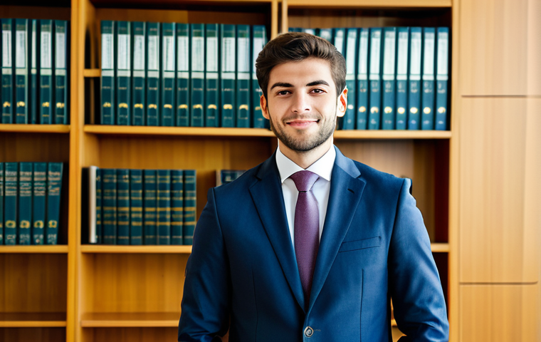 Modern Law Firm Setting**

"A young, professional lawyer, fully clothed in a smart, modern business suit, standing confidently in a bright and spacious law firm office in Lisbon.  Bookshelves filled with legal volumes in the background.  Natural lighting.  Perfect anatomy, correct proportions, well-formed hands, professional attire, safe for work, appropriate content, modest, family-friendly, high-resolution, professional photography."

**