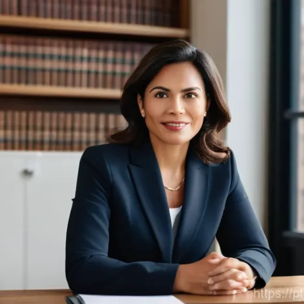 변호사 실무에서 중요한 기술 - **Prompt:** A diverse female lawyer in her late 30s, dressed in a sharp, modern business suit, sits ...