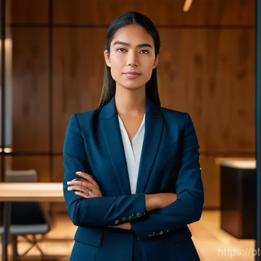 변호사 자격 취득 후 창업 사례 - **"A visionary young female lawyer, confidently dressed in a sharp, modern business pant suit, stand...