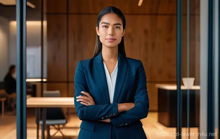 변호사 자격 취득 후 창업 사례 - **"A visionary young female lawyer, confidently dressed in a sharp, modern business pant suit, stand...
