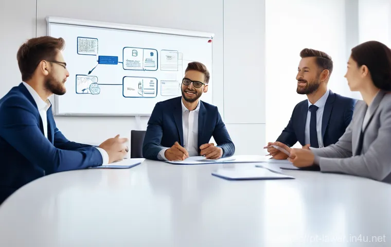 변호사 자격 취득 후 창업 사례 - **"A diverse team of legal professionals, including men and women in their 30s-40s, are gathered aro...