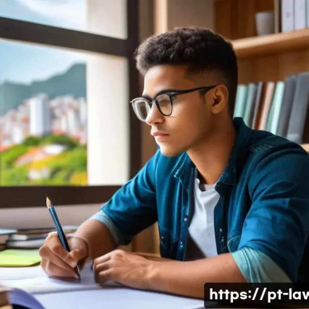 변호사 시험 대비 모의시험 활용법 - A focused young Brazilian law student sitting at a tidy desk in a cozy home study room, wearing casu...