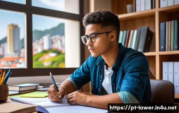 변호사 시험 대비 모의시험 활용법 - A focused young Brazilian law student sitting at a tidy desk in a cozy home study room, wearing casu...