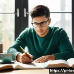 Home 19 변호사 자격 시험 후기 모음 - A focused young adult studying at a modern home desk in a bright morning setting, natural light stre...