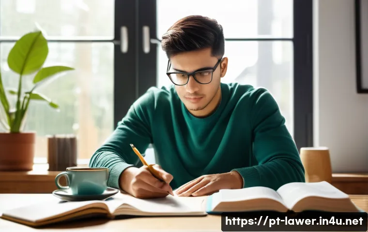 변호사 자격 시험 후기 모음 - A focused young adult studying at a modern home desk in a bright morning setting, natural light stre...