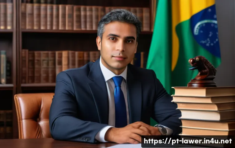 변호사 필수 중점 과목 - A professional Brazilian lawyer in a modern office setting, wearing formal business attire including...