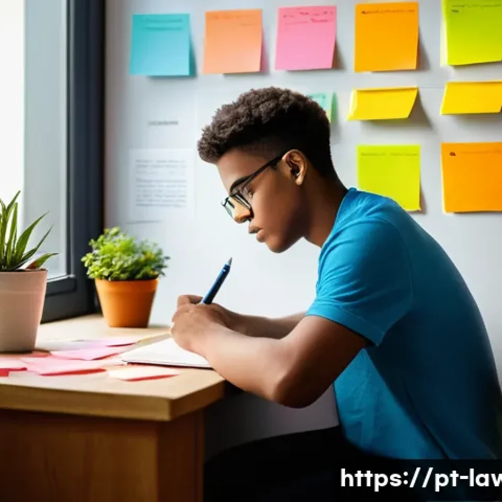 변호사 시험 준비를 위한 명언 모음 - A focused young adult student sitting at a desk in a cozy, well-lit room decorated with motivational...