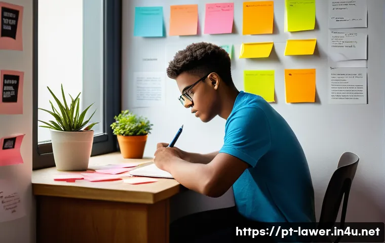 변호사 시험 준비를 위한 명언 모음 - A focused young adult student sitting at a desk in a cozy, well-lit room decorated with motivational...
