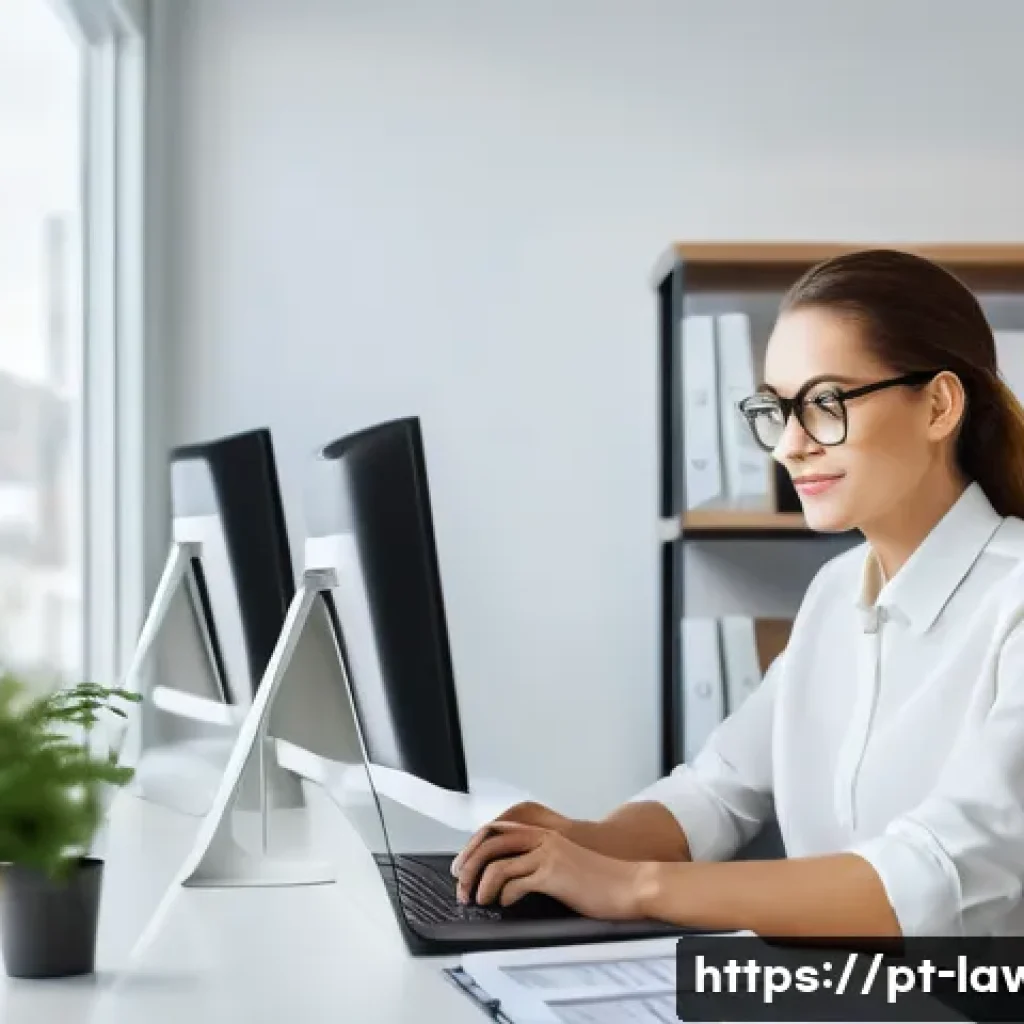 변호사 업무에서 자주 겪는 문제 해결법 - A modern, bright law office interior with a focused professional lawyer sitting at a sleek desk, usi...