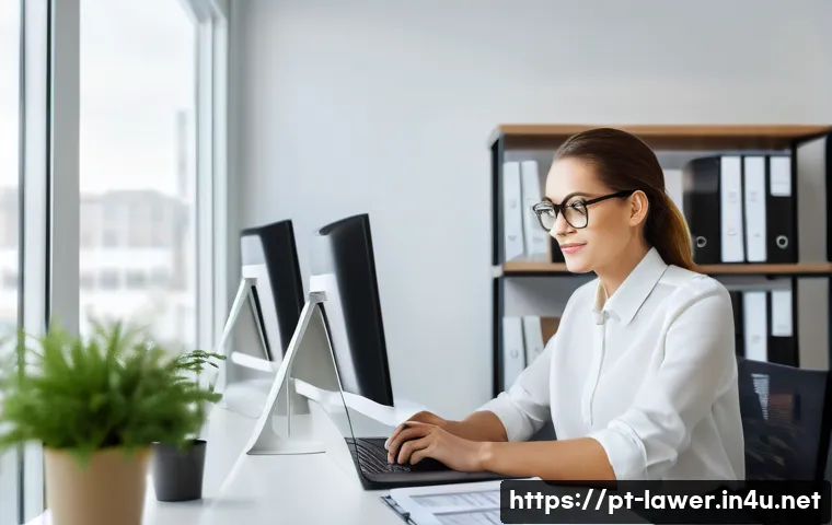 변호사 업무에서 자주 겪는 문제 해결법 - A modern, bright law office interior with a focused professional lawyer sitting at a sleek desk, usi...
