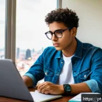Home 22 변호사 시험에서 시험지 푸는 팁 - A focused Brazilian law student studying at a modern desk with legal textbooks, notebooks, and a lap...