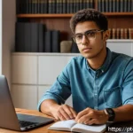 Home 20 변호사 시험 공부 스케줄 관리법 - A focused young Brazilian law student sitting at a wooden desk in a cozy, sunlit room, surrounded by...