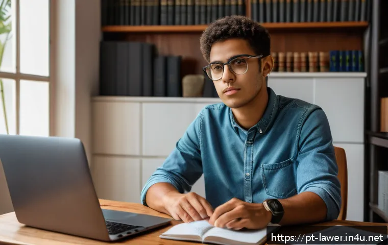 변호사 시험 공부 스케줄 관리법 - A focused young Brazilian law student sitting at a wooden desk in a cozy, sunlit room, surrounded by...