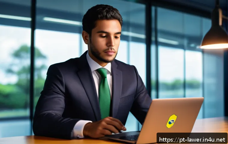 변호사 시험에서 자주 묻는 윤리 문제 - A professional Brazilian lawyer in a modern office setting, dressed in formal business attire with a...