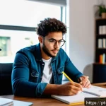 Home 23 변호사 시험 과목별 학습 방법 - A focused Brazilian law student studying at a modern, well-lit desk in a cozy home office, surrounde...