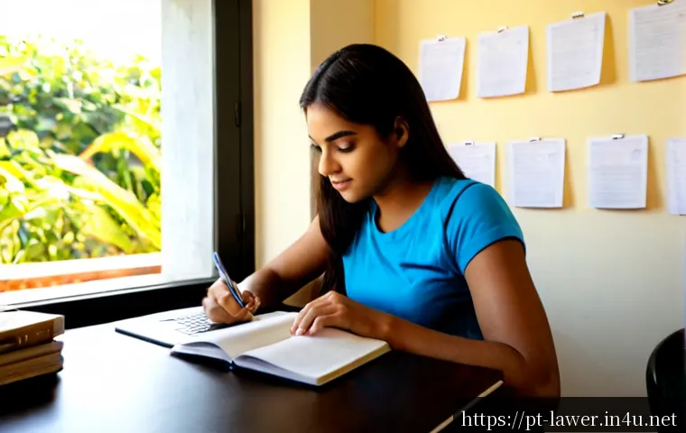 Home 17 변호사 시험 준비 시 시간 효율성 높이는 법 - Photorealistic Brazilian law student in a tidy home study space, using a timer beside neatly organiz...